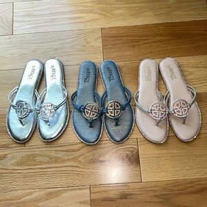 3 thong sandals. Denim, nude, and silver pairs - sz 10